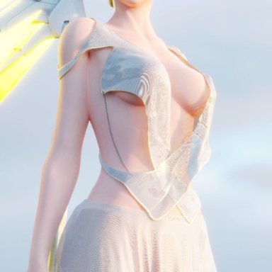 overwatch, mercy, winged victory mercy, swiss angel, 1girls, alternate costume, bare shoulders, clothed, female, female only, inner sideboob, looking at viewer, skimpy clothes, solo, solo female