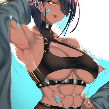 nephtys (anima), anima (togashi), 1girls, abs, breasts, dark-skinned female, fit female, hair over one eye, muscular female, underboob