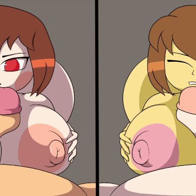 undertale, chara, frisk, scarecorrode, brown hair, closed eyes, huge ass, huge breasts, male/female, paizuri, red eyes, side by side, animated, edit, framerate edit
