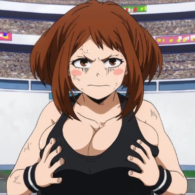 my hero academia, ochako uraraka, artist request, 1girls, big breasts, breast grab, breasts, brown eyes, brown hair, cleavage, closed mouth, glaring, large breasts, medium hair, shirt