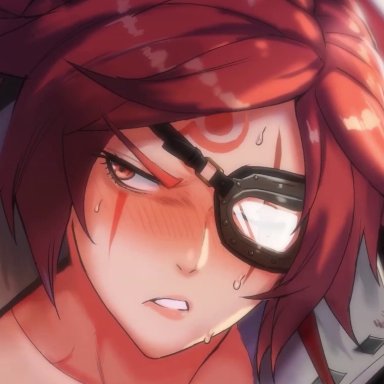 guilty gear, guilty gear strive, baiken, skello-on-sale, 1boy, 1girl, areolae, breasts, cum, cum in mouth, cum on body, cum on breasts, cum on face, cum on hair, cumshot