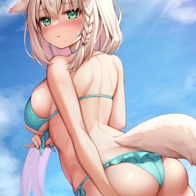 hololive, shirakami fubuki, deaver, 1girls, animal ears, ass, ass grab, back view, big breasts, bikini, looking at viewer, swimsuit, thick thighs