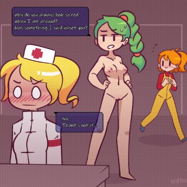 terraria, dryad (terraria), mechanic (terraria), nurse (terraria), nekuzx, 3girls, blush, blushing profusely, clothed female nude female, confused, embarrassed clothed female, empty eyes, female, female focus, female only