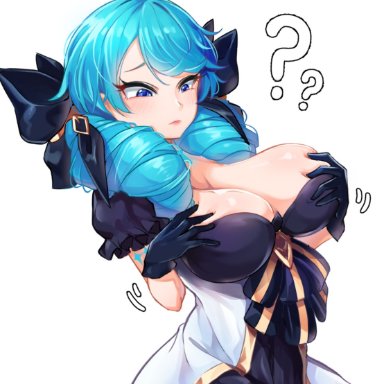 league of legends, gwen (league of legends), kiwoseo meogneundas, big breasts, blue eyes, blue hair, dress, twintails