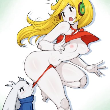 cave story, curly brace, sue sakamoto, afrobull, 2girls, antennae, black eyes, blonde hair, blue sweater, breasts, female, female only, long hair, nipples, open mouth