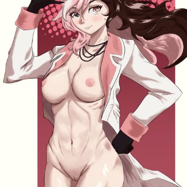 rwby, neo (rwby), gomen ne san, 1girls, blush, bowler hat, breasts, brown eyes, brown hair, coat, exposed breasts, exposed pussy, female, female only, gloves