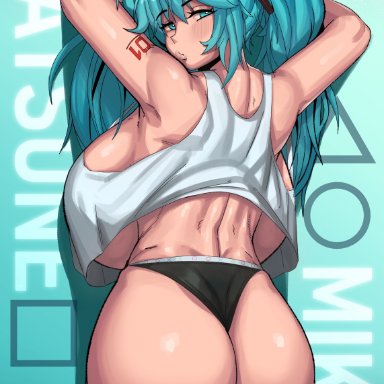 vocaloid, hatsune miku, kevbot, against wall, alternate breast size, aqua eyes, aqua hair, arms up, ass, back, backboob, bare shoulders, big ass, big breasts, black panties