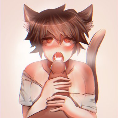 youtube, youtube hispanic, anon, aquinoby2002, 2males, blush, brown eyes, brown hair, cat boy, cat ears, cat tail, cum in mouth, femboy, male, penis