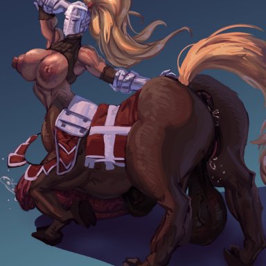 zyldark, 1futa, animal genitalia, anus, areolae, ass, back, balls, big ass, big breasts, blonde hair, breasts, centaur, clothed, clothing