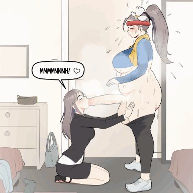 karen (lewdua), natasha (lewdua), lewdua, 1futa, 1girls, balls, big balls, big breasts, big penis, blowjob, breasts, brown hair, chubby, chubby futanari, clothed