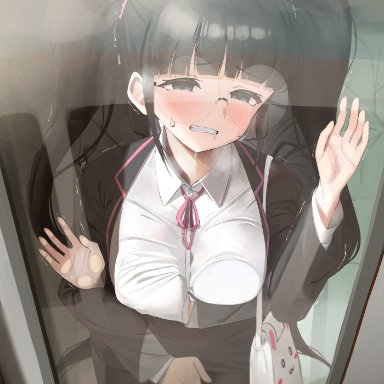 original, twin (tt lsh), against glass, bag, bangs, black eyes, black hair, black jacket, black legwear, black skirt, blunt bangs, blush, breast press, breasts, breasts on glass