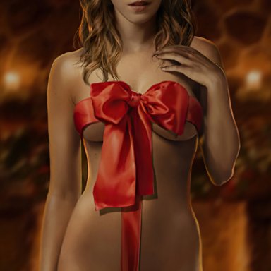 christmas, harry potter, emma watson, hermione granger, ninjartist, barely clothed, brown hair, imminent sex, inviting to sex, looking at viewer, presenting self, ribbons, smiling at viewer, socks, stockings