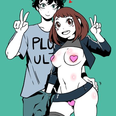 my hero academia, izuku midoriya, ochako uraraka, deaf (artist), areolae, ass, big penis, breasts, hand in pants, handjob, nipples, short skirt, skirt, slutty clothing, slutty outfit