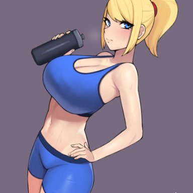 metroid, samus aran, donburi, bangs, bare arms, bare shoulders, bike shorts, blonde hair, blue eyes, blue shirt, blue shorts, blush, bottle, breasts, cleavage