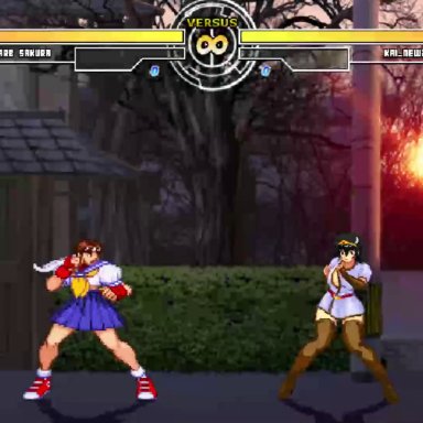 king of fighters, m.u.g.e.n, mugen, sakura, street fighter, kai, sakura kasugano, 1futa, 1girls, big breasts, big butt, big penis, black stockings, breasts, bulldog position