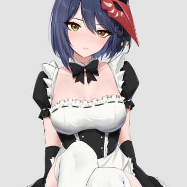 genshin impact, kujou sara, sunny721, 1girls, bird mask, black gloves, blue hair, bow, bowtie, breasts, brown eyes, cleavage, clothed, clothing, detached collar