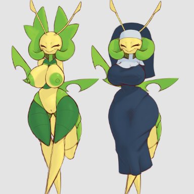 nintendo, pokemon, leavanny, dibujosv12, breasts, bug girl, huge breasts, insect girl, large breasts, nun, yellow skin