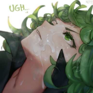 one-punch man, tatsumaki, sorapoi, annoyed, bangs, cum, facial, female, green eyes, green hair, head, looking up, medium hair, parted lips, simple background