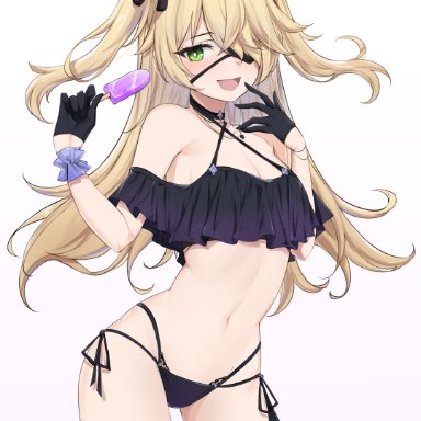 genshin impact, fischl (genshin impact), sunny721, 1girls, barefoot, bikini, blonde hair, breasts, choker, cleavage, eyepatch, female, frills, gloves, green eyes