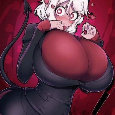 helltaker, modeus (helltaker), kyosuke fujiwara, milkengine, 1female, 1girl, big breasts, blush, breasts, busty, clothed, clothed female, curvy, curvy body, curvy female