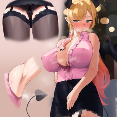 hololive, yuzuki choco, frikulu, armpits, bangs, black legwear, black panties, black shirt, black skirt, blonde hair, blush, breasts, brown background, center frills, cleavage