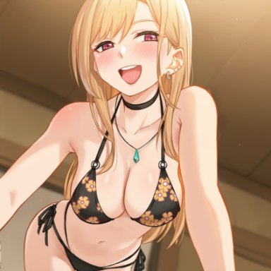 sono bisque doll wa koi wo suru, kitagawa marin, alternate costume, bikini, blush, breasts, choker, earrings, female, official alternate costume, open mouth, solo, swimsuit, wolksheep, tagme