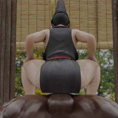 nioh, fuku (nioh), kishi, cowgirl position, dark-skinned male, male domination, moaning, riding, 3d, animated, sound