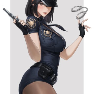 original character, nuker, big breasts, cop, dark hair, handcuffs, pantyhose, police, police uniform, policewoman