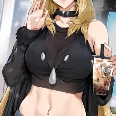 game freak, nintendo, pokemon, cynthia (pokemon), hews hack, abs, blonde hair, choker, full body, fully clothed, jeans, pierced belly button, piercing, solo, solo female