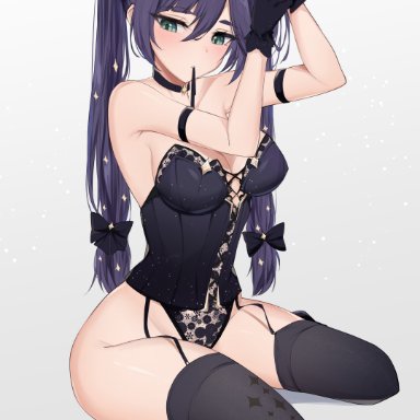 genshin impact, mona (genshin impact), sunny721, blush, breasts, choker, female, garter straps, gloves, green eyes, high heels, lingerie, purple hair, thick thighs, thighhighs