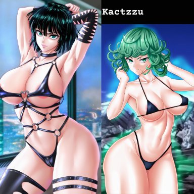 one-punch man, fubuki (one-punch man), tatsumaki, kactzzu, 2girls, alternate breast size, areolae, arms behind head, armwear, bare shoulders, beauty mark, belly button, big breasts, bikini, bikini bottom