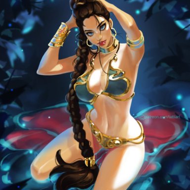 star wars, princess leia organa, slave leia, tattiart, armlet, belly dancer, belly dancer outfit, blue eyes, bracelet, braid, braided hair, brown hair, cleavage, dancer, dancer outfit