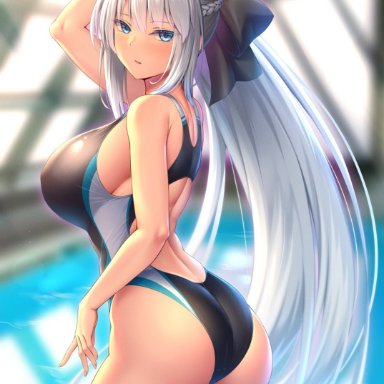 fate/grand order, fate (series), morgan le fay (fate), yuunagi, 1girls, ass, black swimsuit, blue eyes, blurry background, blush, breasts, competition swimsuit, female, female only, hips