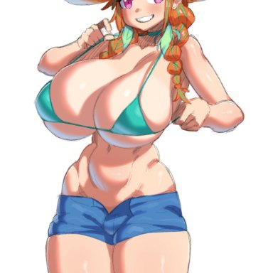 hololive, hololive english, takanashi kiara, makinakid, alternate breast size, aqua bikini, aqua hair, bikini, bikini top only, blush, breasts, cleavage, female, gradient hair, hat