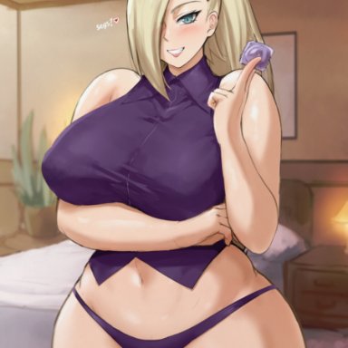 boruto: naruto next generations, naruto, naruto (series), ino yamanaka, batako, 1girls, blonde hair, blush, breasts, condom, female, female only, green eyes, hair over one eye, hips