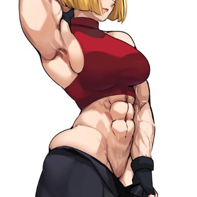 fatal fury, king of fighters, snk, blue mary, musctonk, abs, armpits, arms behind back, bare shoulders, biceps, blonde hair, blue eyes, breasts, busty, female