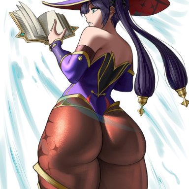 genshin impact, mona (genshin impact), jiuukek, 1girls, ass, ass focus, big ass, big butt, from behind, huge ass, mona ass, pantyhose, thick thighs, thunder thighs, hi res