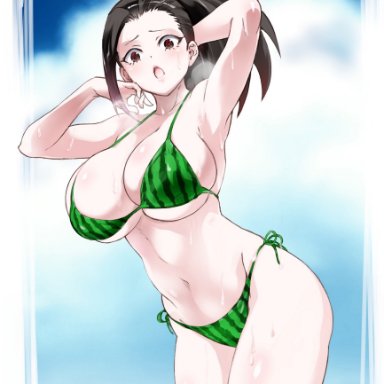 my hero academia, momo yaoyorozu, sukeno yoshiaki, 1girls, bikini, black hair, brown eyes, cloud, huge breasts, looking at viewer, nervous, open mouth, ponytail, shy, sky