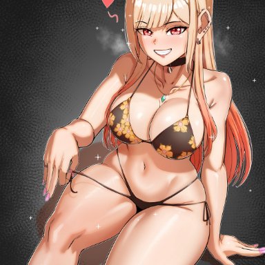 sono bisque doll wa koi wo suru, kitagawa marin, aestheticc-meme, 1girls, bikini, black bikini, blonde hair, breasts, dark background, female, female only, flower pattern, grin, gyaru, hips