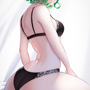 one-punch man, tatsumaki, rezeharu, 1girls, ass, big ass, bra, dress, eye contact, female, female only, green eyes, green hair, looking back, panties