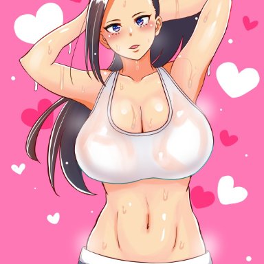 my hero academia, momo yaoyorozu, sumire river, 1girls, arms behind head, bangs, black hair, blue eyes, blush, cleavage, heart, huge breasts, looking at viewer, navel, open mouth