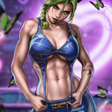 jojo's bizarre adventure, jolyne kujo, dandon fuga, 1girls, abs, belly button, black hair, breasts, butterfly, butterfly tattoo, green hair, multicolored hair, navel, tattoo, 2022