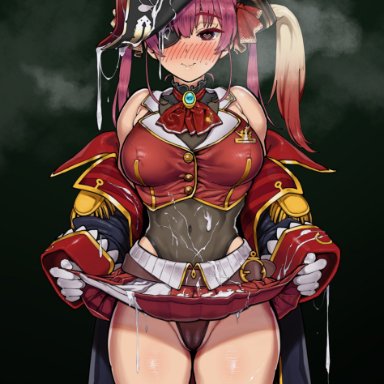 hololive, houshou marine, aburisamon, bangs, bare shoulders, belt, black legwear, breasts, bukkake, cameltoe, clothes lift, covered nipples, cum, epaulettes, eyebrows visible through hair