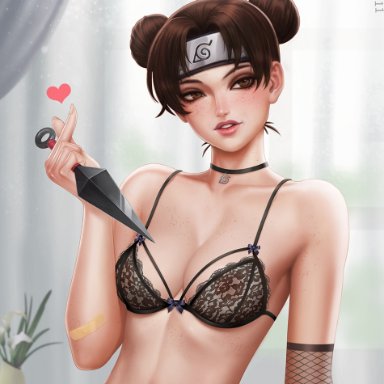 naruto, naruto (series), naruto shippuden, tenten, kyopink, bandaid, breasts, brown eyes, brown hair, choker, double bun, elbow pads, eyeliner, female, female only