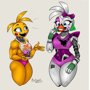 five nights at freddy's, five nights at freddy's 2, cupcake (fnaf), glamrock chica (fnaf), shattered glamrock chica (fnaf), toy chica (fnaf), e4hargus, 2girls, animatronic, avian, avian humanoid, beak, bib, big breasts, blue eyes