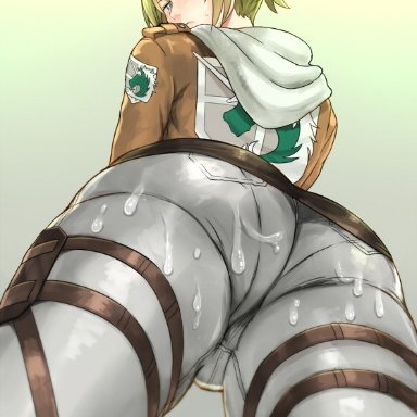 attack on titan, shingeki no kyojin, annie leonhardt, voc (artist), ambiguous fluids, anger vein, ass, blonde hair, blue eyes, cameltoe, clothed, favorite, fully clothed, short hair, tied hair