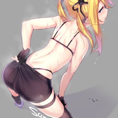 girls' frontline, skorpion (girls' frontline), dev (dev0614), adjusting clothes, adjusting shorts, back, bent over, black bra, black gloves, black legwear, black panties, blonde hair, blue eyes, boots, bra