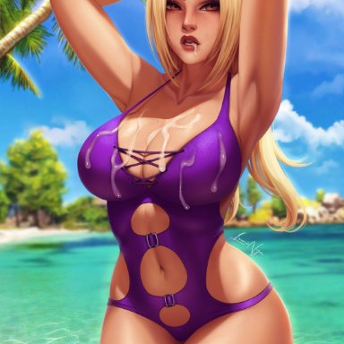 naruto, naruto shippuden, tsunade, luminyu, 1girls, armpits, arms behind back, arms behind head, arms up, barely contained, beach, big breasts, bikini, blonde hair, brown eyes