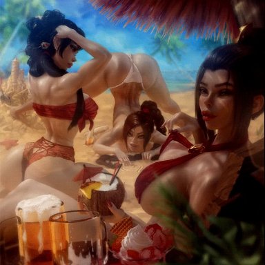 avatar the last airbender, azula, mai (avatar), ty lee, ecchioni, 3girls, ass, beach, bouncing breasts, breasts, clothed, clothing, female, female only, fire nation