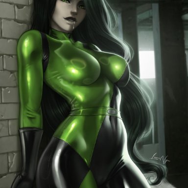 disney, disney channel, kim possible, shego, luminyu, 1girls, abs, against wall, alley, big breasts, black hair, bodysuit, breasts, cameltoe, cum